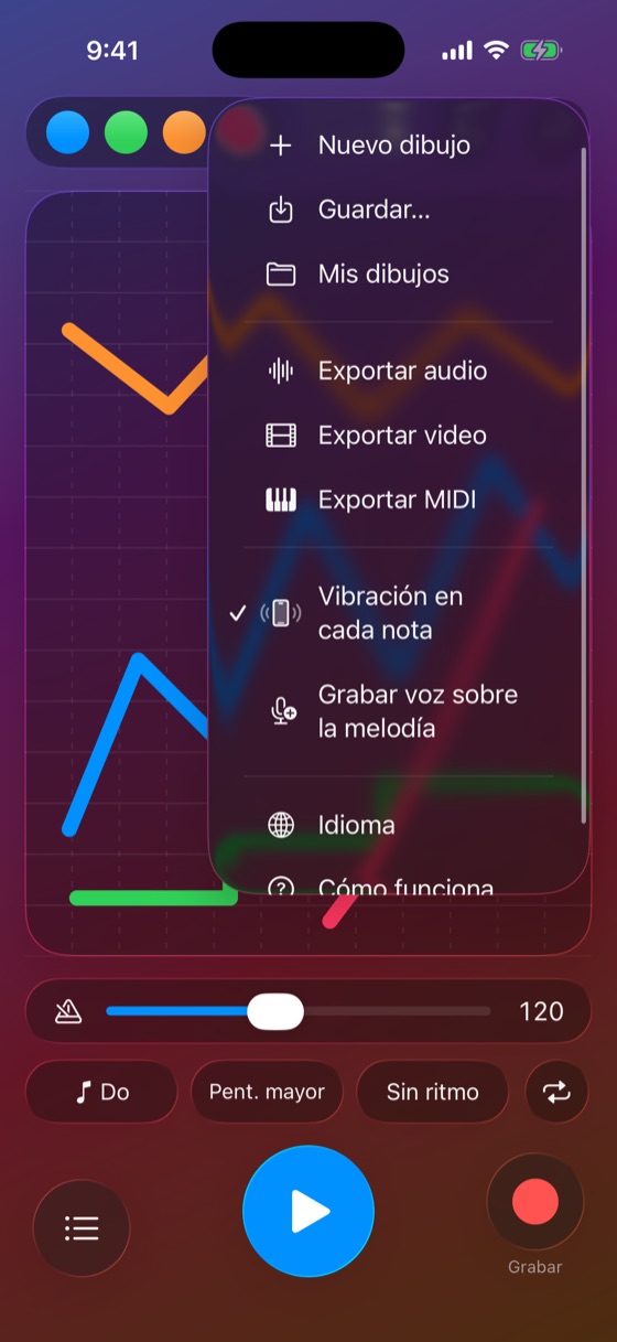 Menú para exportar audio, video y MIDI